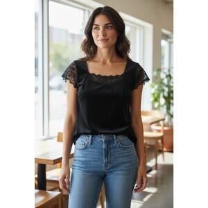 Y2K AnnTaylorLoft Black Velvet Babydoll Top Lace Whimsigoth Romantic Feminine 14